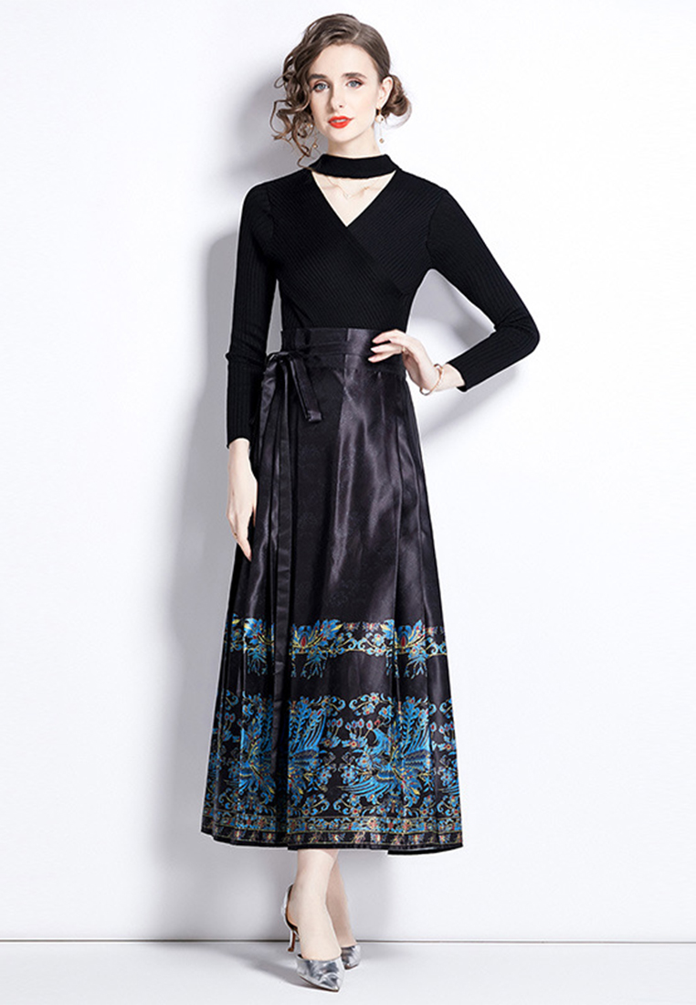 Knitted top fashionable printed skirt suit A110610