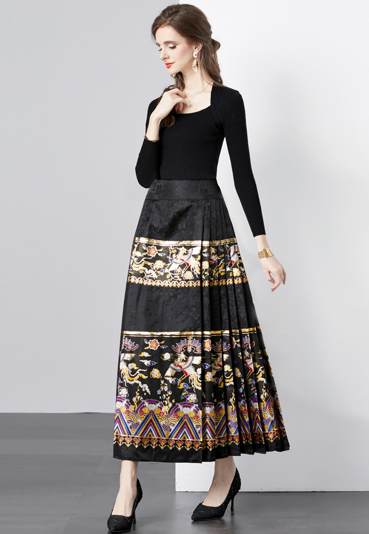 Fashionable gold embroidered top and skirt suit A110611BK