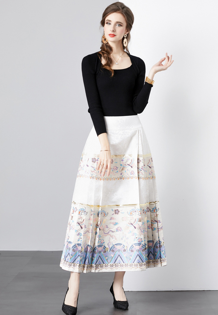 Fashionable gold embroidered top and skirt suit A110611BK