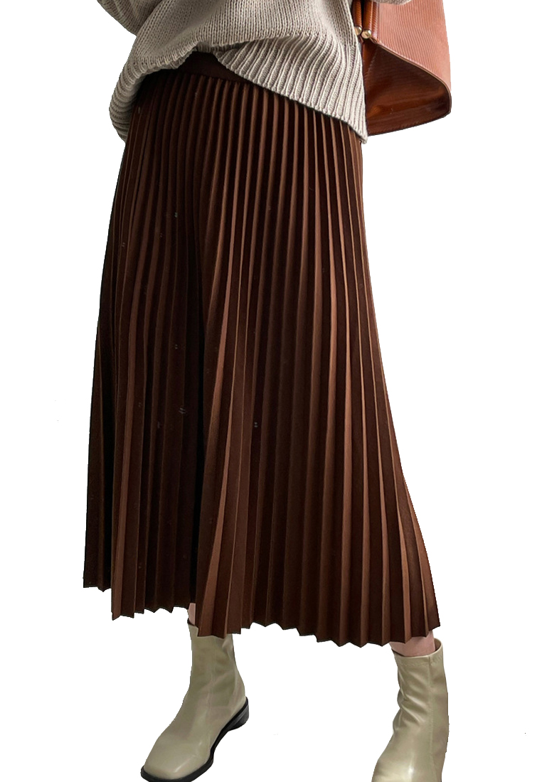 Solid color knitted mid length draped pleated skirt A120403BK