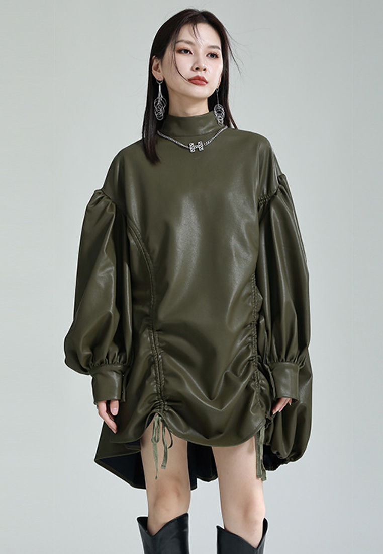 Fashionable PU leather stand-up collar lantern sleeves dress A1218101BK
