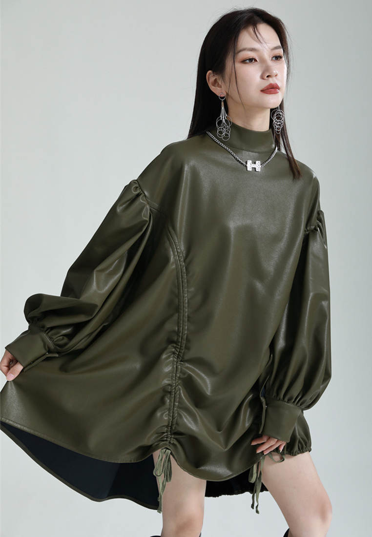 Fashionable PU leather stand-up collar lantern sleeves dress A1218101BK