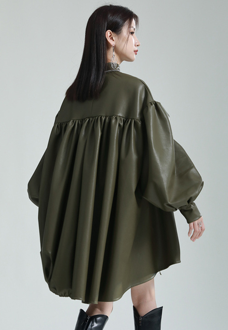Fashionable PU leather stand-up collar lantern sleeves dress A1218101BK