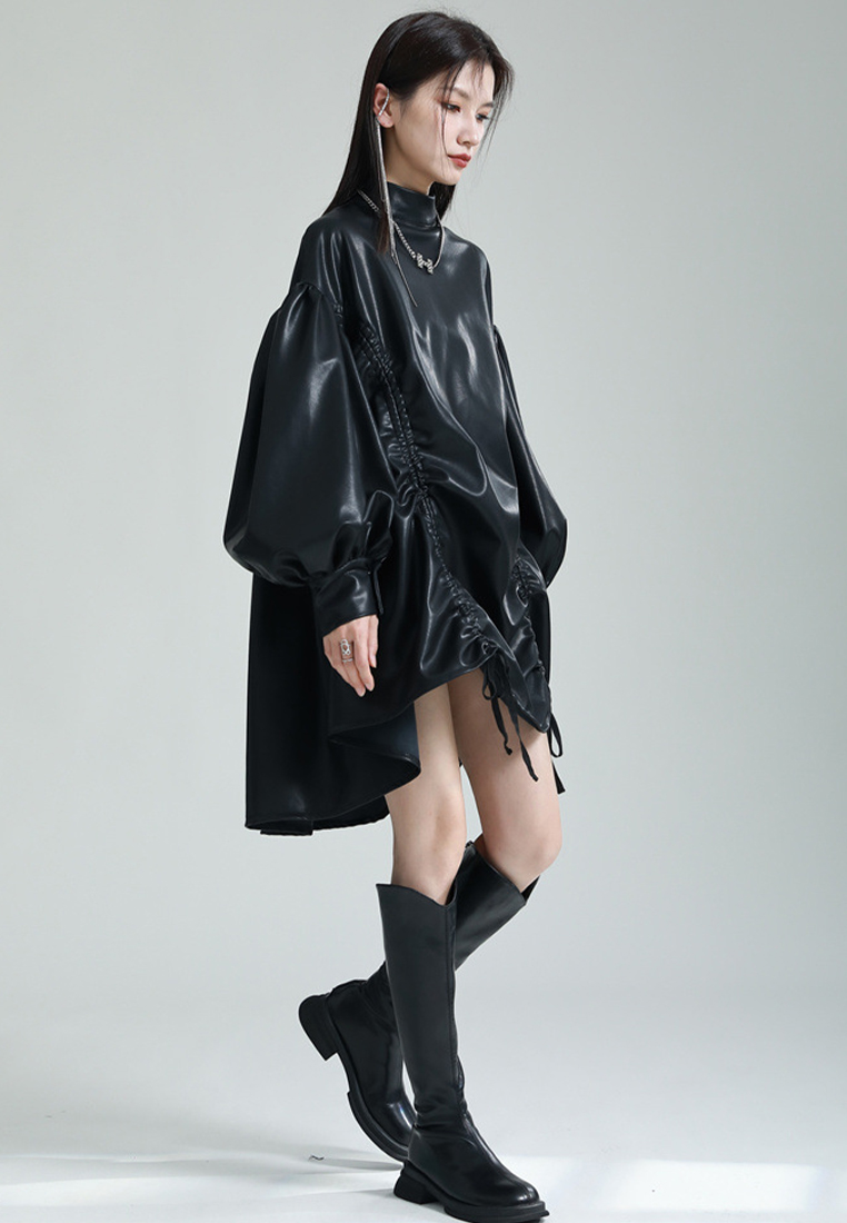 Fashionable PU leather stand-up collar lantern sleeves dress A1218101BK
