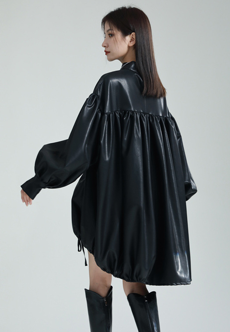 Fashionable PU leather stand-up collar lantern sleeves dress A1218101BK