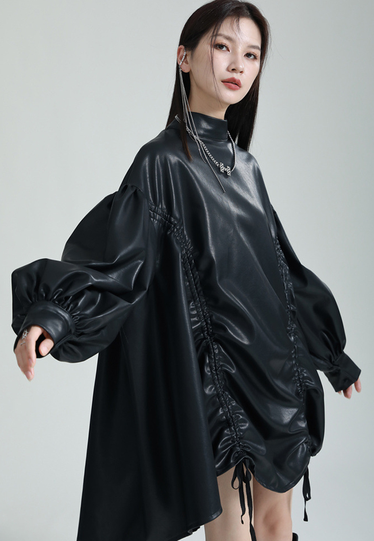 Fashionable PU leather stand-up collar lantern sleeves dress A1218101BK