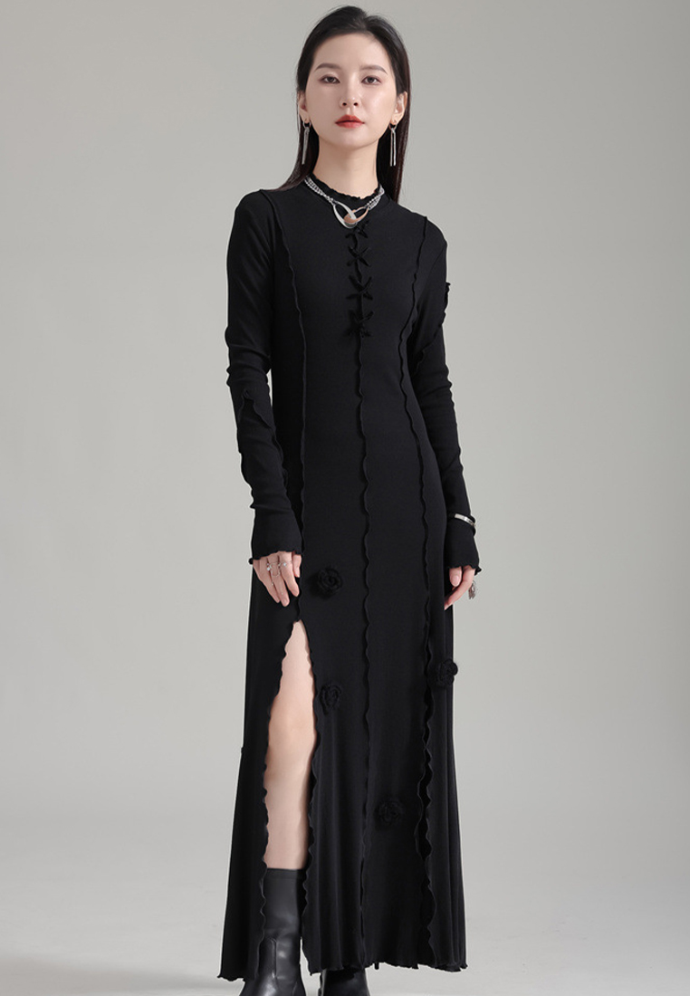 Elegant fashionable black rose flower slit dress A1218105