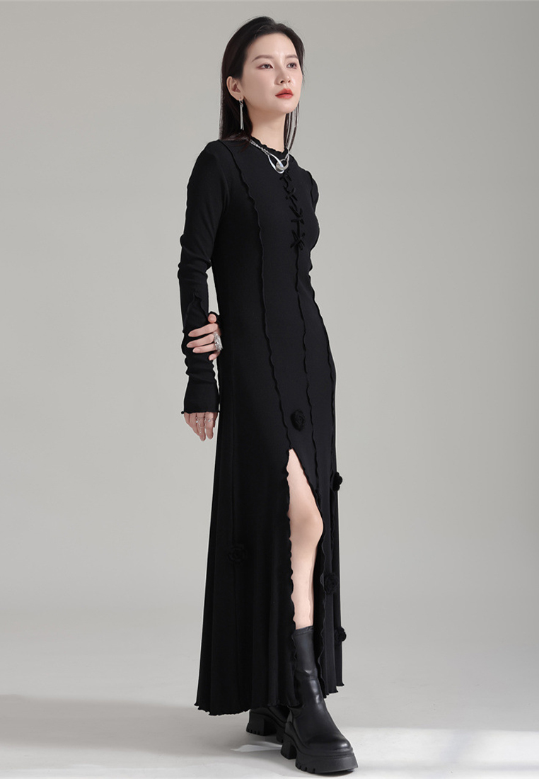 Elegant fashionable black rose flower slit dress A1218105