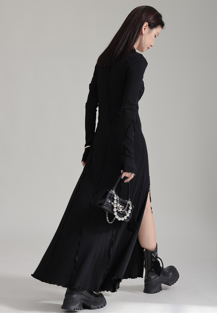 Elegant fashionable black rose flower slit dress A1218105