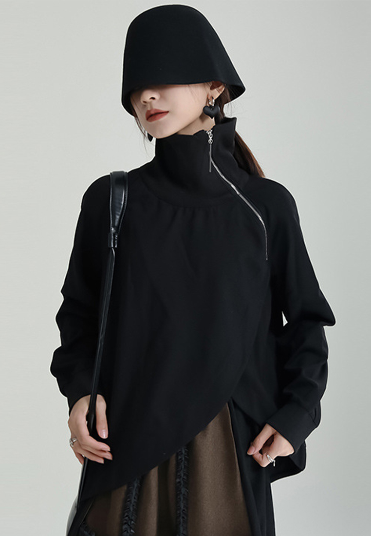 High collar zipper sweatshirt design black lazy style top A1218107