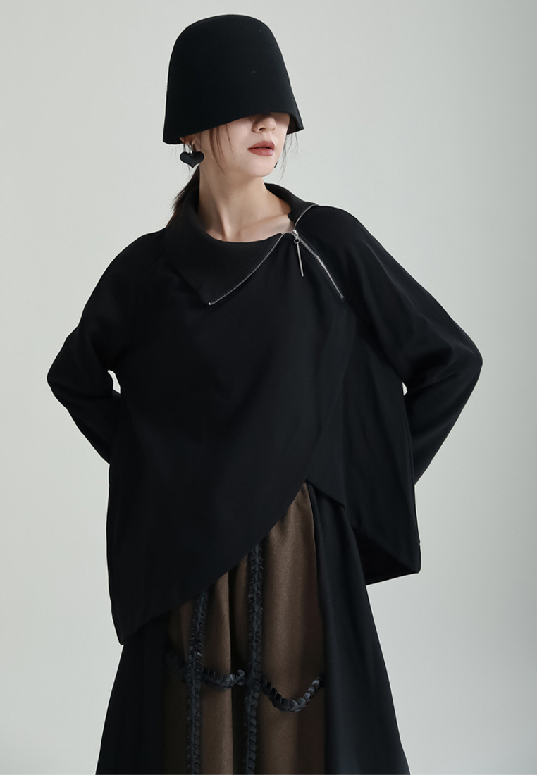 High collar zipper sweatshirt design black lazy style top A1218107
