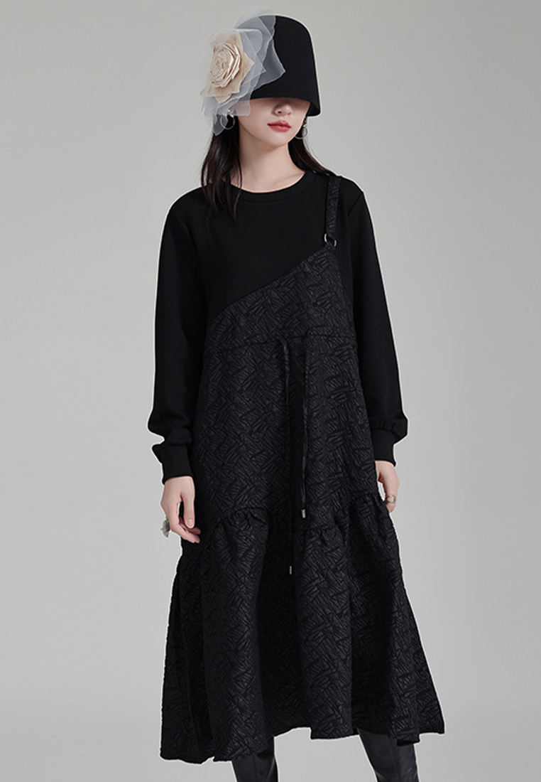 Elegant retro stitching black long sleeved drawstring dress A1218108