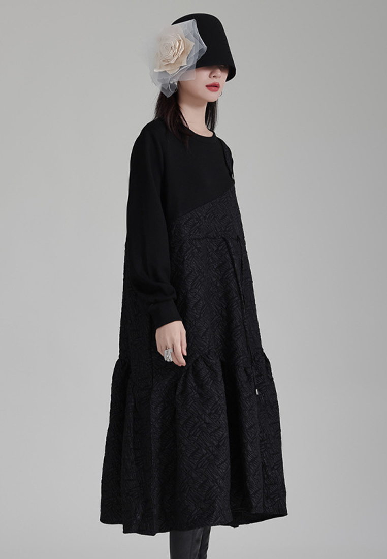 Elegant retro stitching black long sleeved drawstring dress A1218108