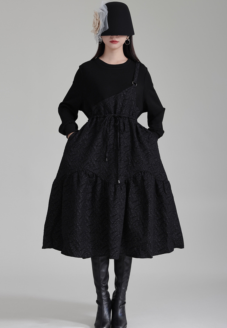 Elegant retro stitching black long sleeved drawstring dress A1218108