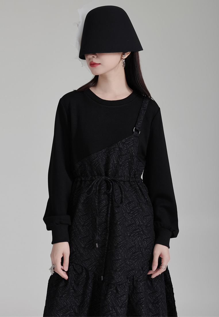 Elegant retro stitching black long sleeved drawstring dress A1218108