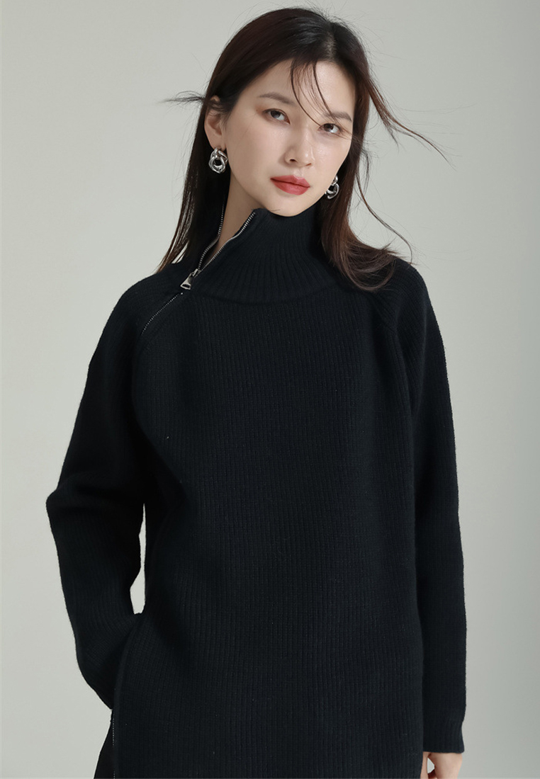 Zip sweater thick lazy style vertical striped sweater A1218112GY