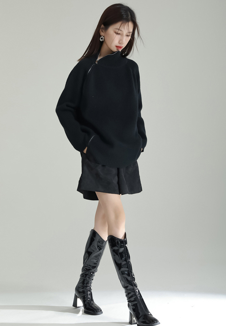 Zip sweater thick lazy style vertical striped sweater A1218112GY