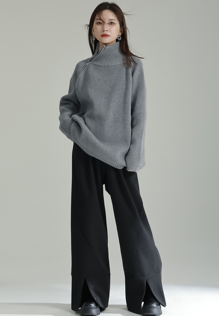 Zip sweater thick lazy style vertical striped sweater A1218112GY