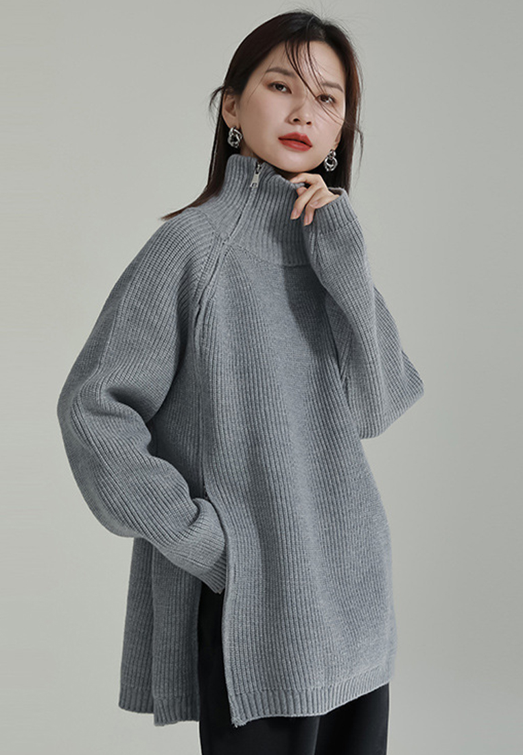 Zip sweater thick lazy style vertical striped sweater A1218112GY