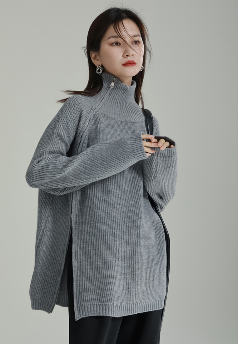 Zip sweater thick lazy style vertical striped sweater A1218112GY