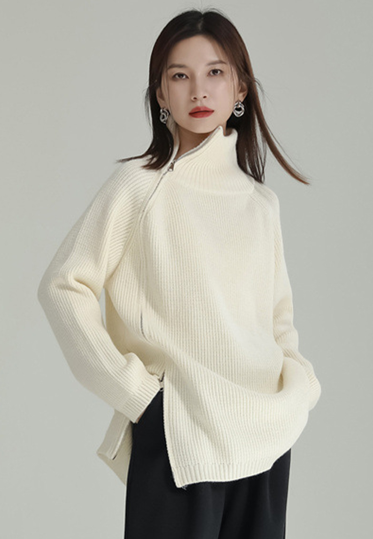 Zip sweater thick lazy style vertical striped sweater A1218112GY