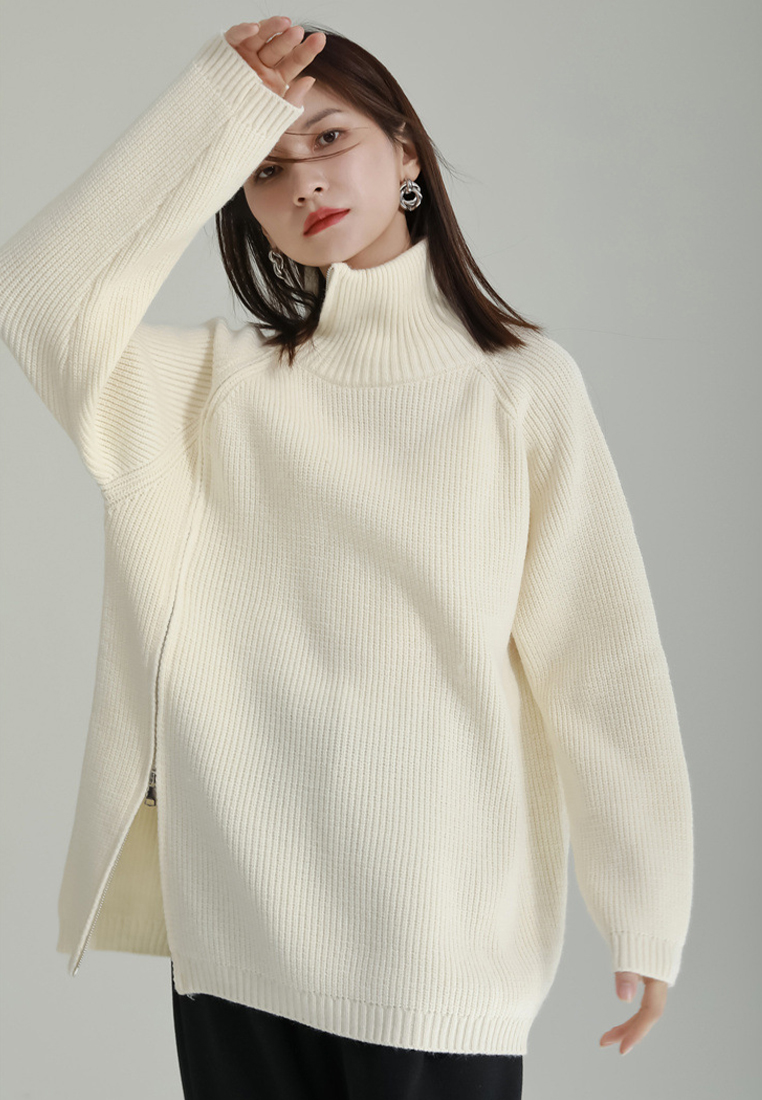 Zip sweater thick lazy style vertical striped sweater A1218112GY