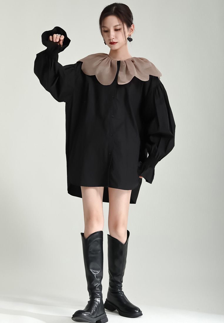 Fashionable petal collar loose mid length shirt A1218115