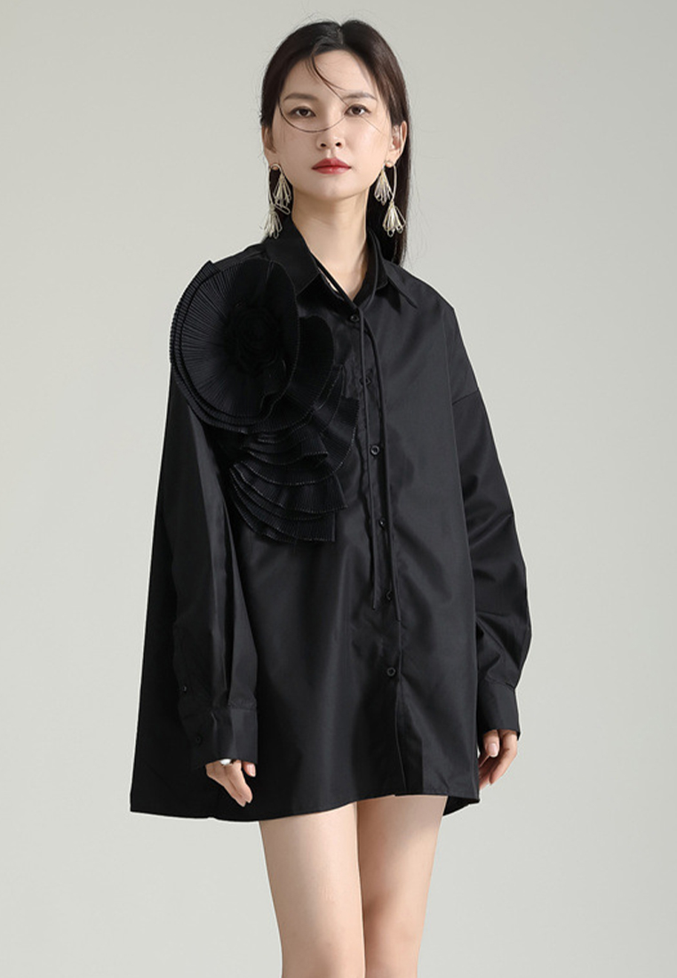 Fashionable and elegant floral solid color shirt dress A1218118BL