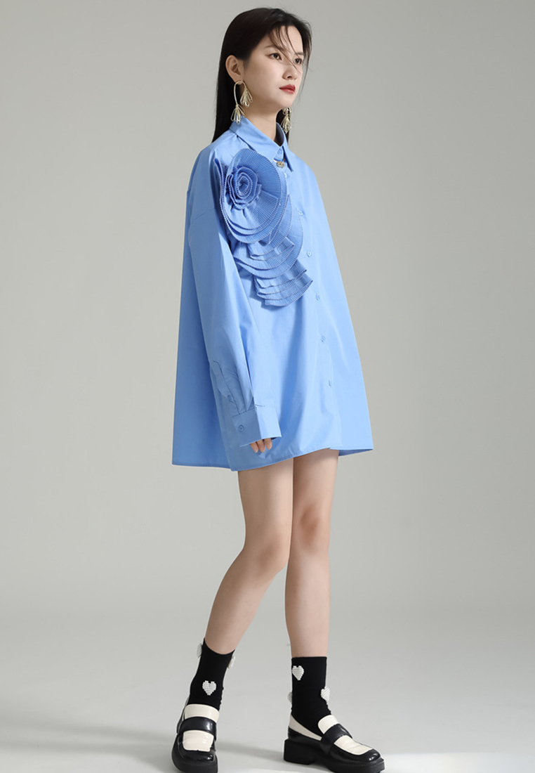 Fashionable and elegant floral solid color shirt dress A1218118BL