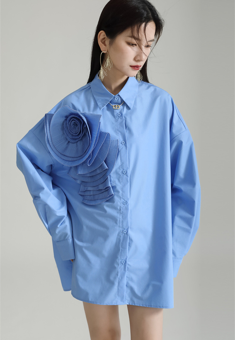 Fashionable and elegant floral solid color shirt dress A1218118BL