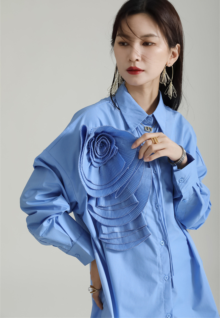 Fashionable and elegant floral solid color shirt dress A1218118BL