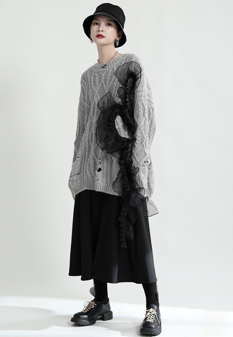 Winter hollow elegant splicing yarn knitted sweater top A1218120