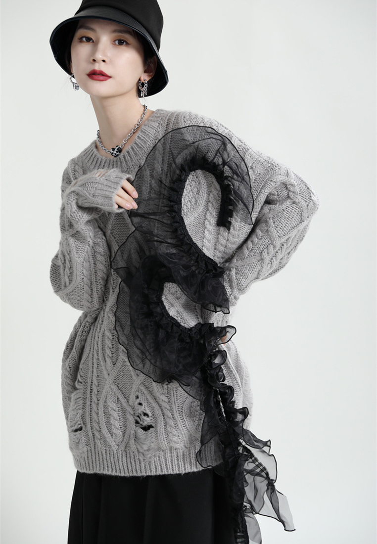 Winter hollow elegant splicing yarn knitted sweater top A1218120