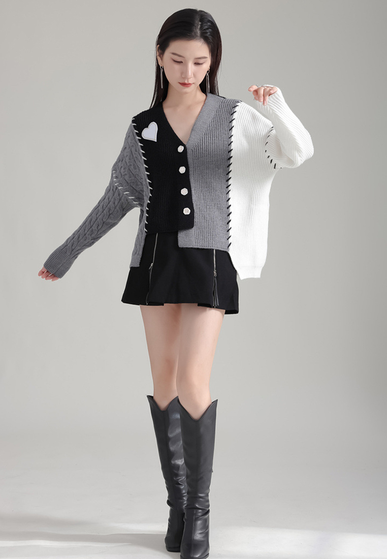 Elegant contrasting color patchwork cardigan and high end knitted sweater A1218124