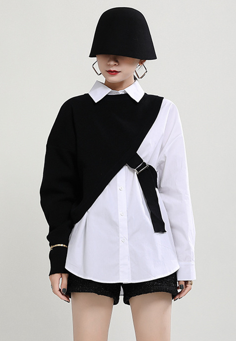 Winter fashion knitted shawl + white shirt set A1218126BK