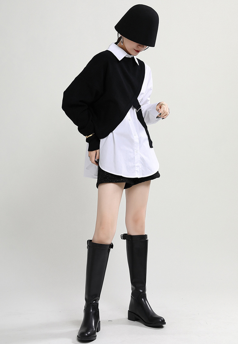 Winter fashion knitted shawl + white shirt set A1218126BK