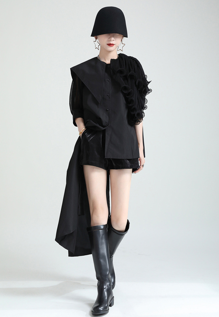 Spliced pleated puff sleeve shirt asymmetric top jacket A1218127GR