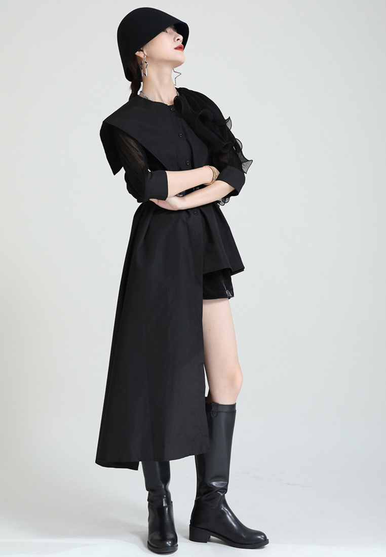 Spliced pleated puff sleeve shirt asymmetric top jacket A1218127GR