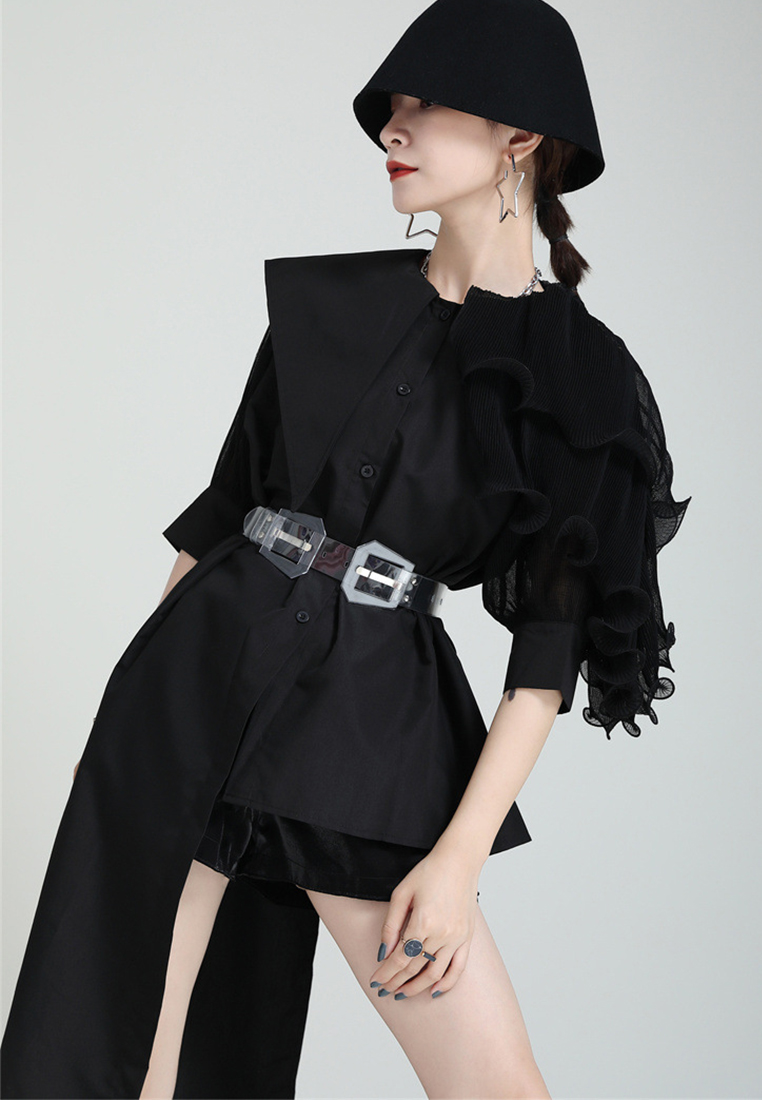 Spliced pleated puff sleeve shirt asymmetric top jacket A1218127GR