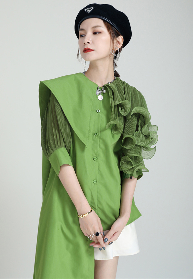 Spliced pleated puff sleeve shirt asymmetric top jacket A1218127GR