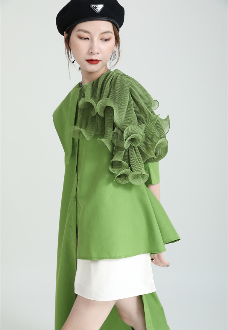 Spliced pleated puff sleeve shirt asymmetric top jacket A1218127GR