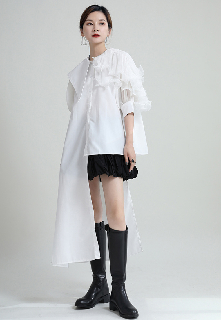 Spliced pleated puff sleeve shirt asymmetric top jacket A1218127GR