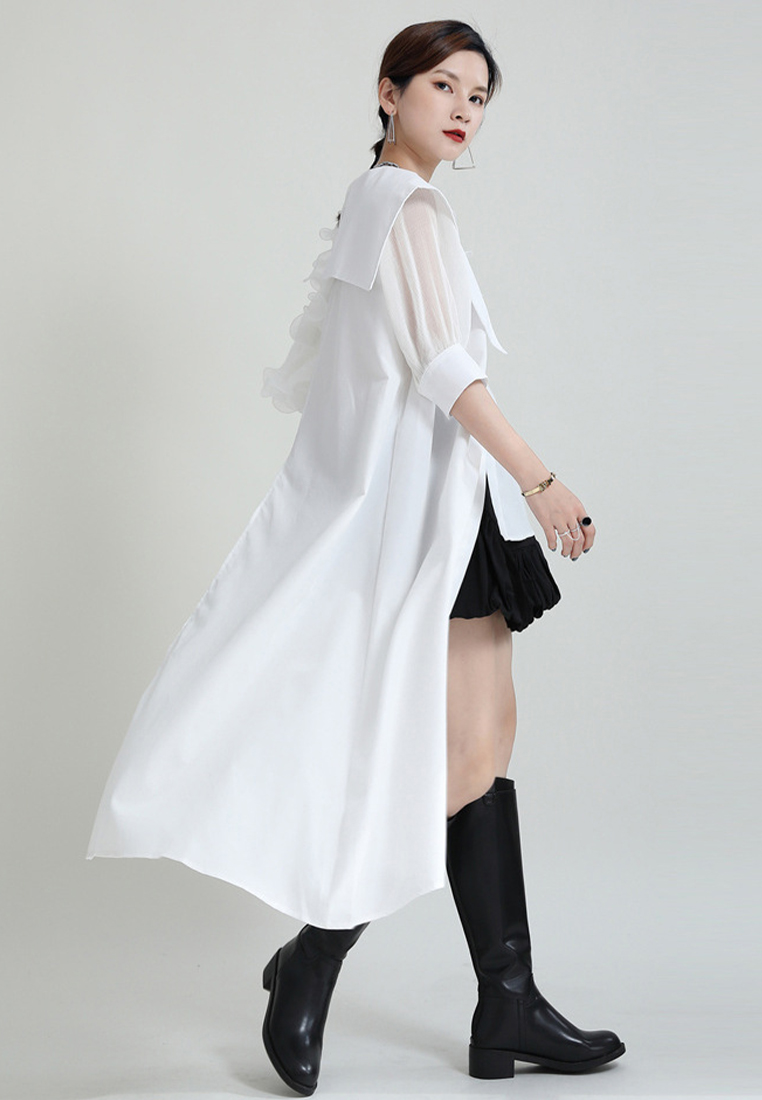Spliced pleated puff sleeve shirt asymmetric top jacket A1218127GR