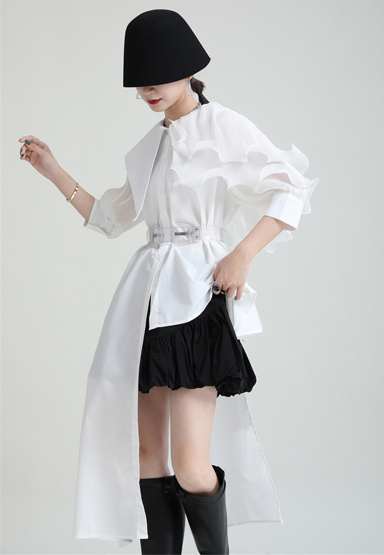Spliced pleated puff sleeve shirt asymmetric top jacket A1218127GR