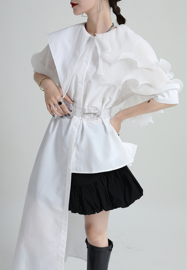 Spliced pleated puff sleeve shirt asymmetric top jacket A1218127GR