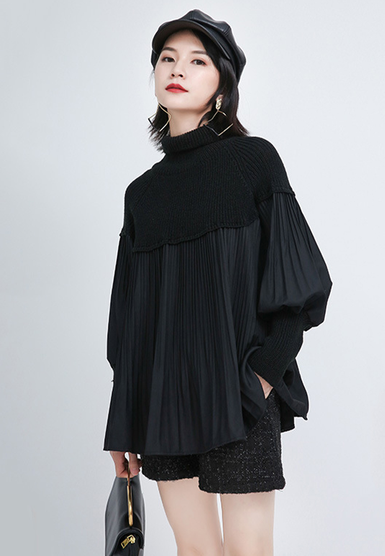 High necked sweater patchwork pleated bubble sleeve knitted sweater A1218128BW