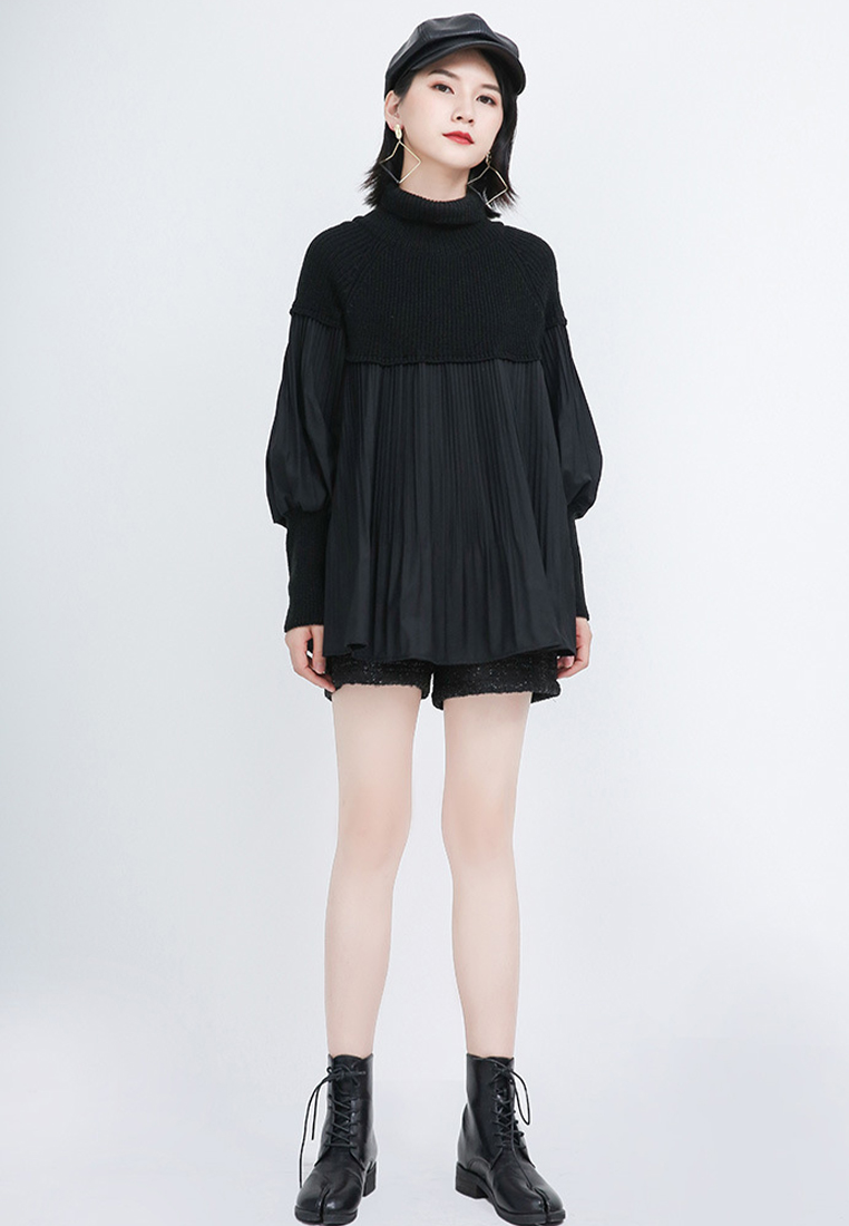 High necked sweater patchwork pleated bubble sleeve knitted sweater A1218128BW