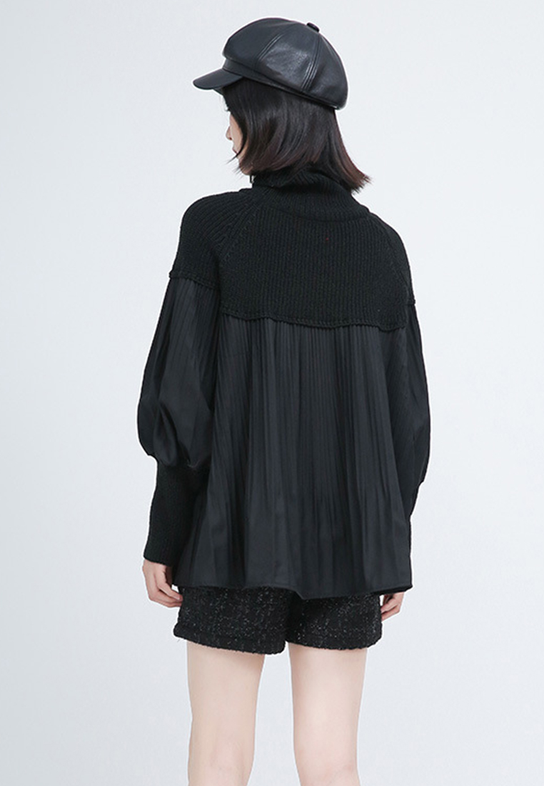 High necked sweater patchwork pleated bubble sleeve knitted sweater A1218128BW