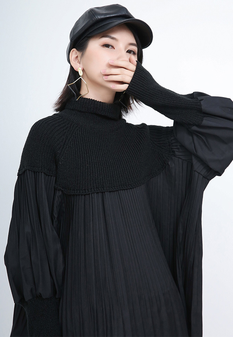 High necked sweater patchwork pleated bubble sleeve knitted sweater A1218128BW