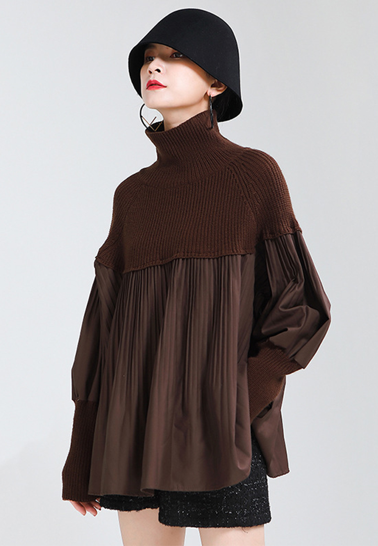 High necked sweater patchwork pleated bubble sleeve knitted sweater A1218128BW